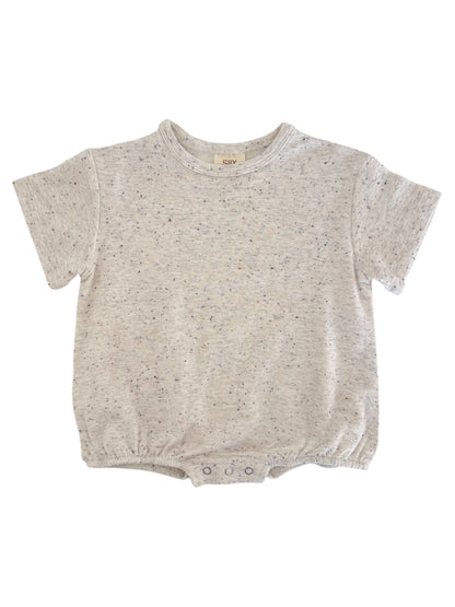 Light gray short-sleeve baby onesie with a soft texture and snap closure at the bottom.