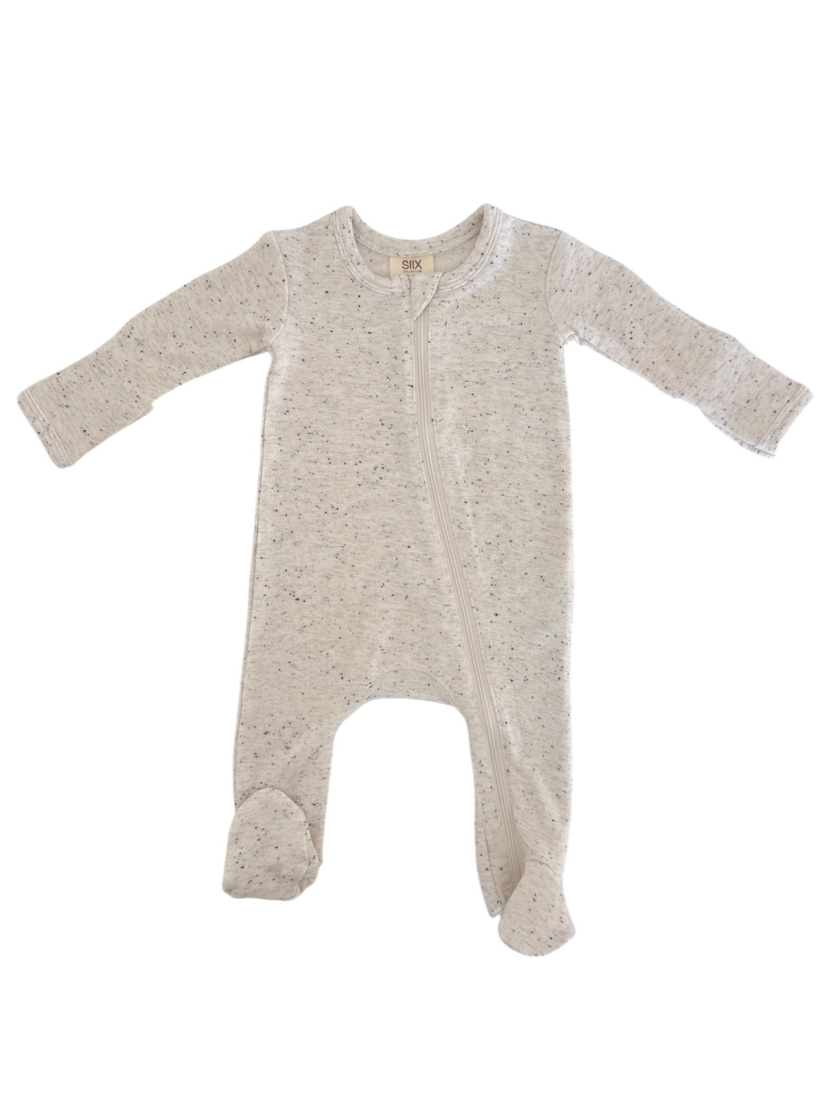 Light gray baby onesie with long sleeves and a front zipper, featuring a speckled design.