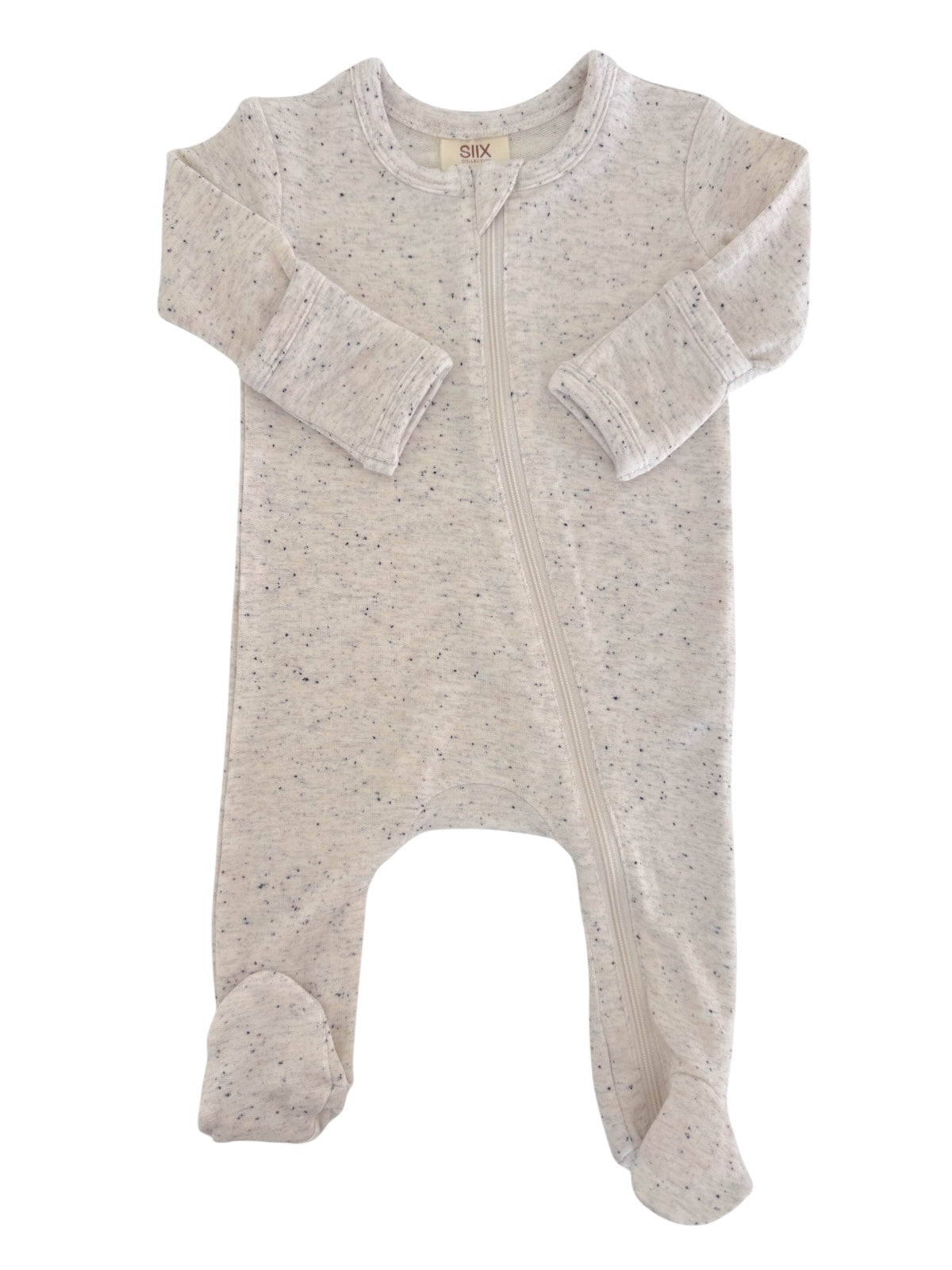 Light gray baby onesie with long sleeves and feet, featuring a vertical zipper closure.