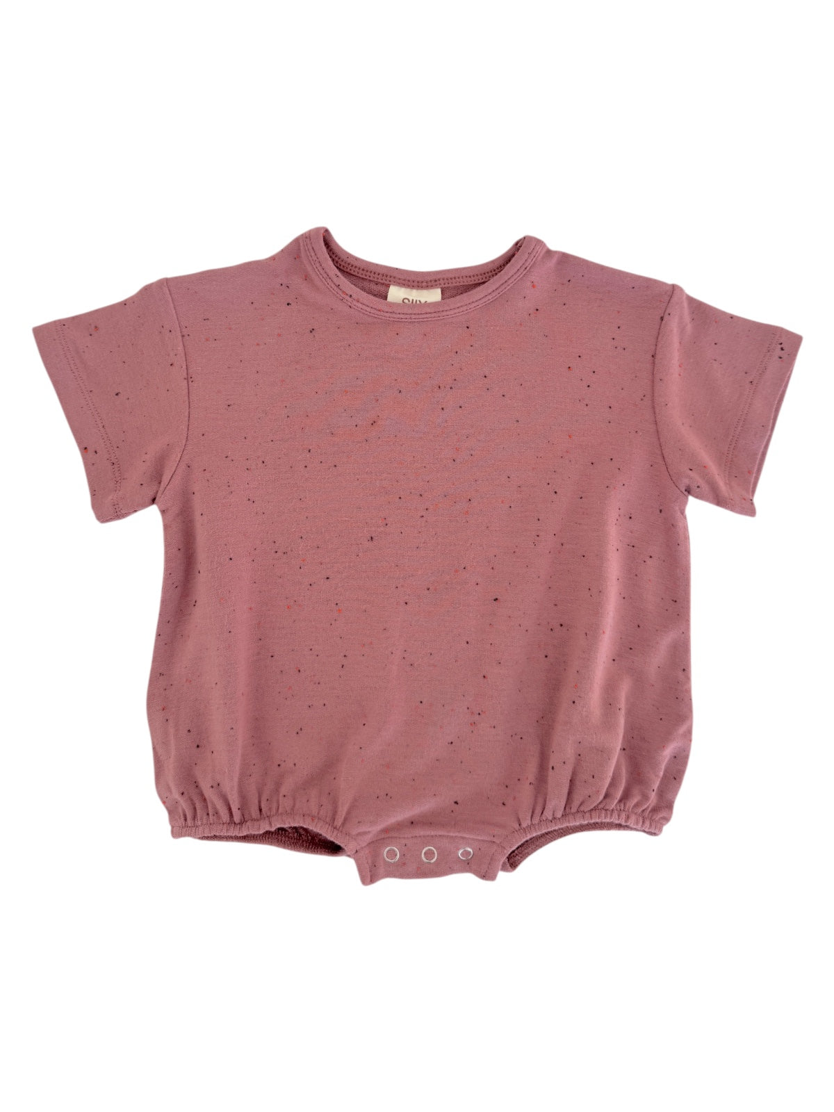 Pink short-sleeve onesie with a gathered bottom and colorful speckled pattern. Suitable for infants and toddlers.