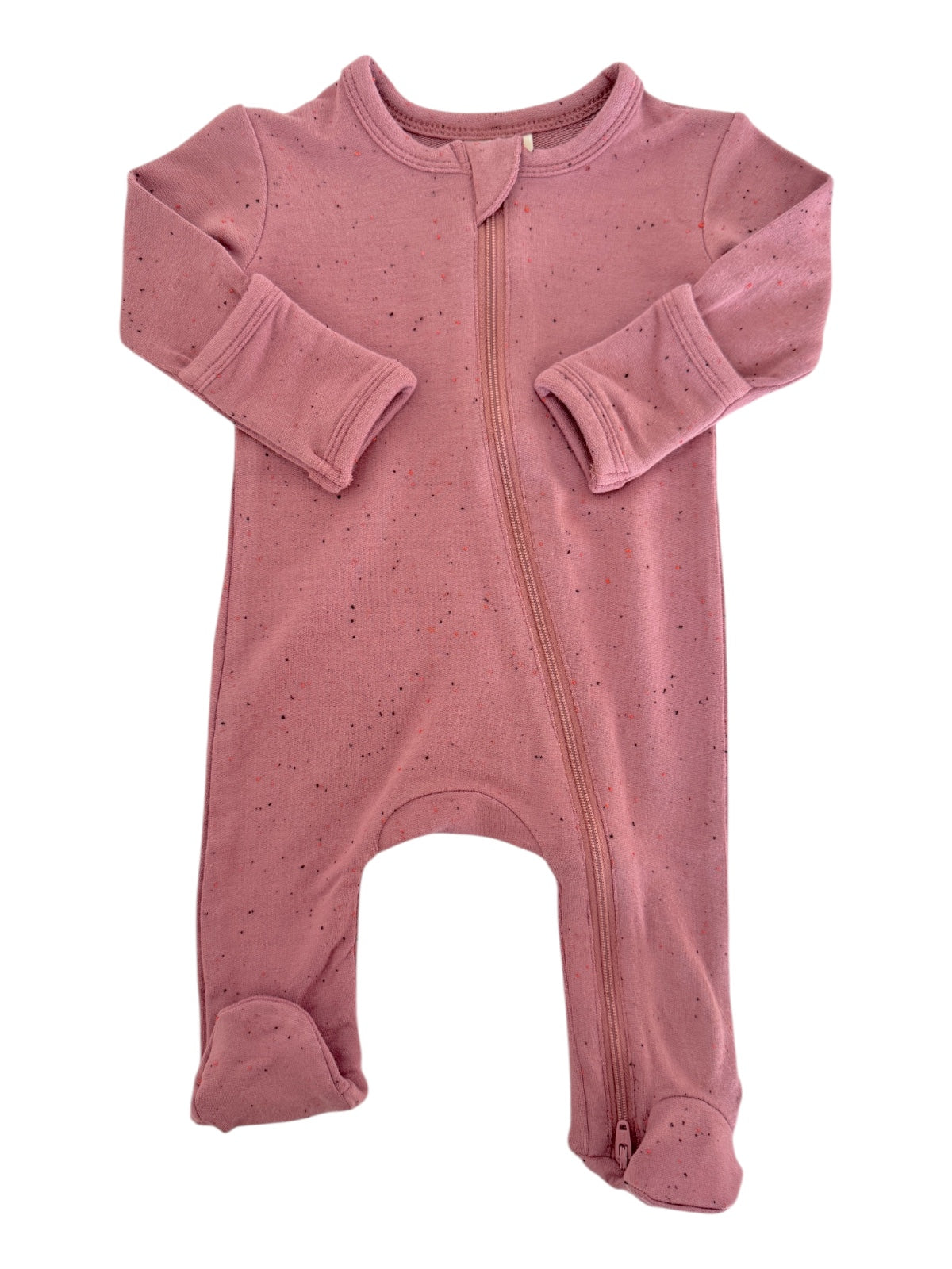 Pink toddler onesie with long sleeves and a front zipper, featuring a speckled pattern.