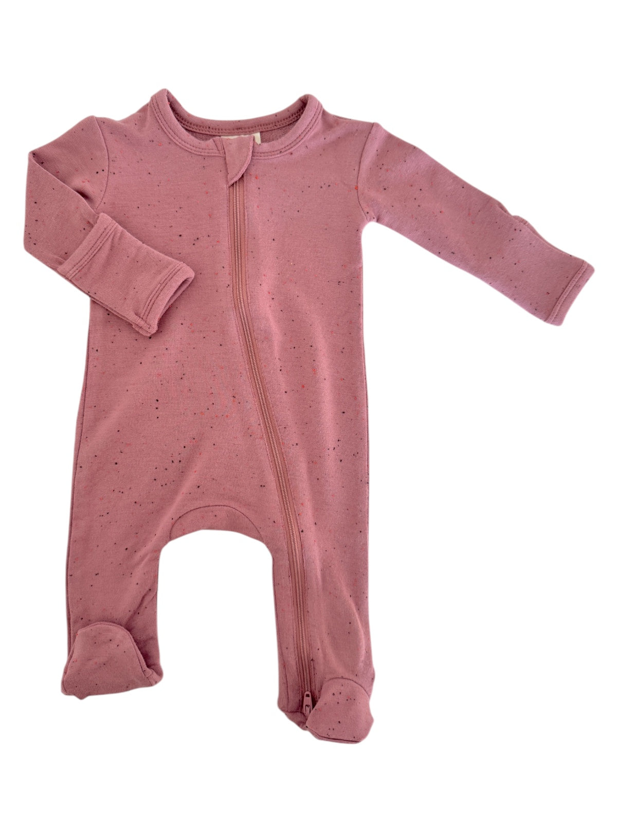 Infant pink onesie with speckled design and front zipper, suitable for comfortable wear.