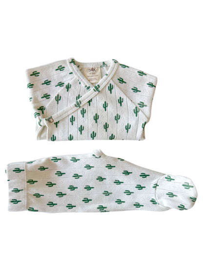 Infant outfit featuring a cactus pattern, including a top and matching pants. Ideal for 0-3 months.