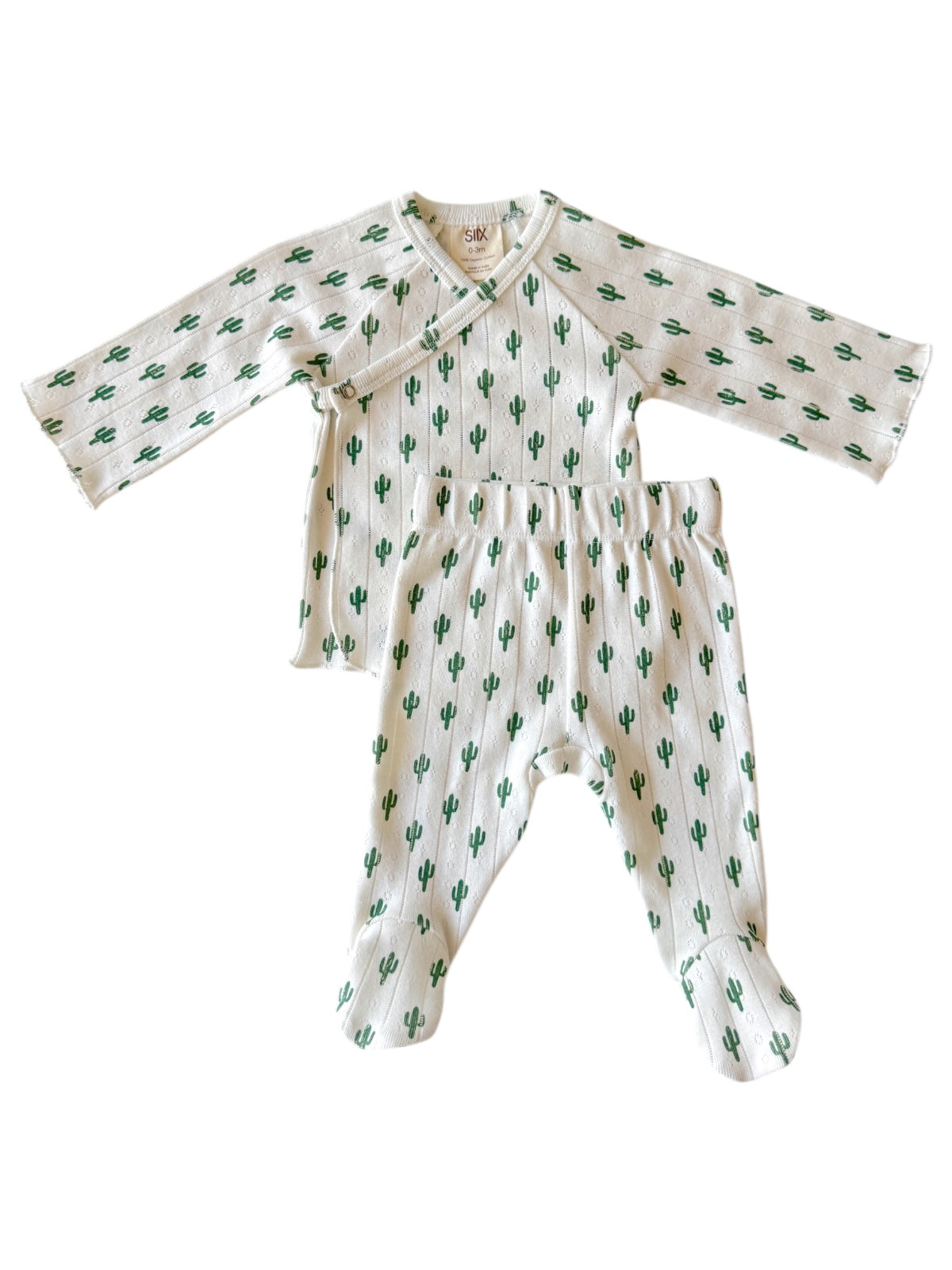 Baby outfit set featuring a long-sleeve wrap top and pants with a cactus print in green on a white background.