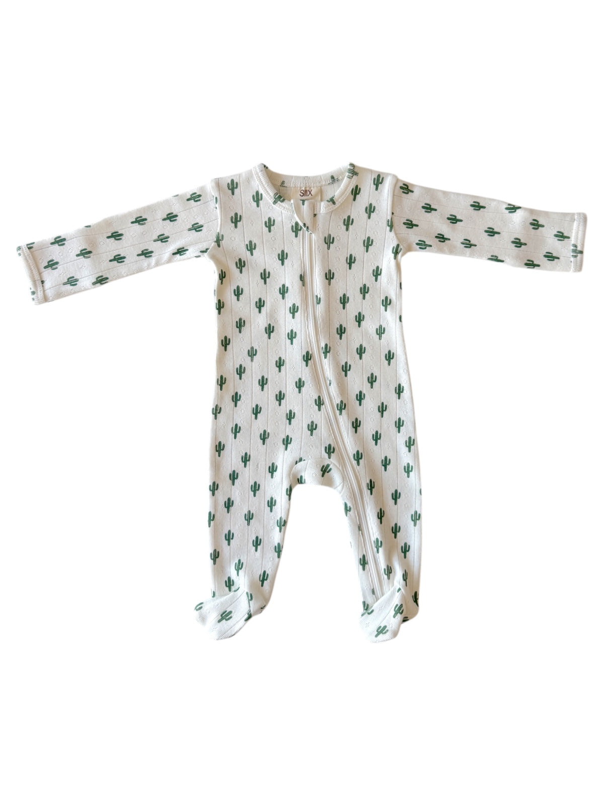 White baby onesie with green cactus print, featuring long sleeves and a front zipper.