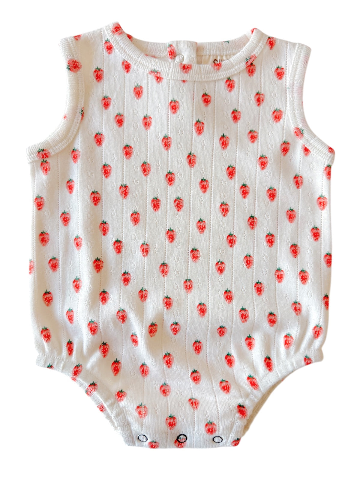 Children's sleeveless romper with strawberry pattern on a white background, perfect for warm weather wear.