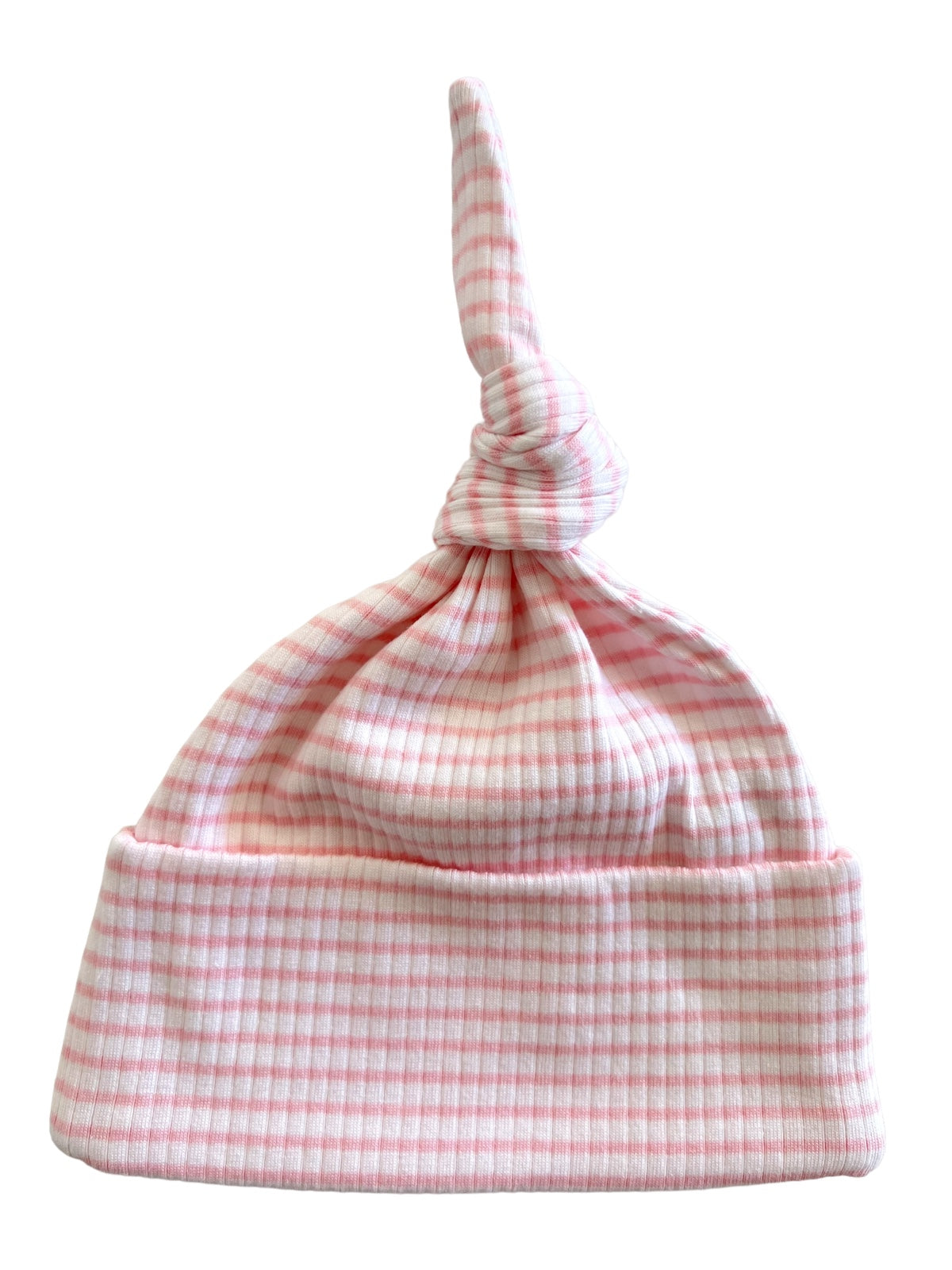 Pink striped baby hat with a knotted top, soft fabric, ideal for infants.
