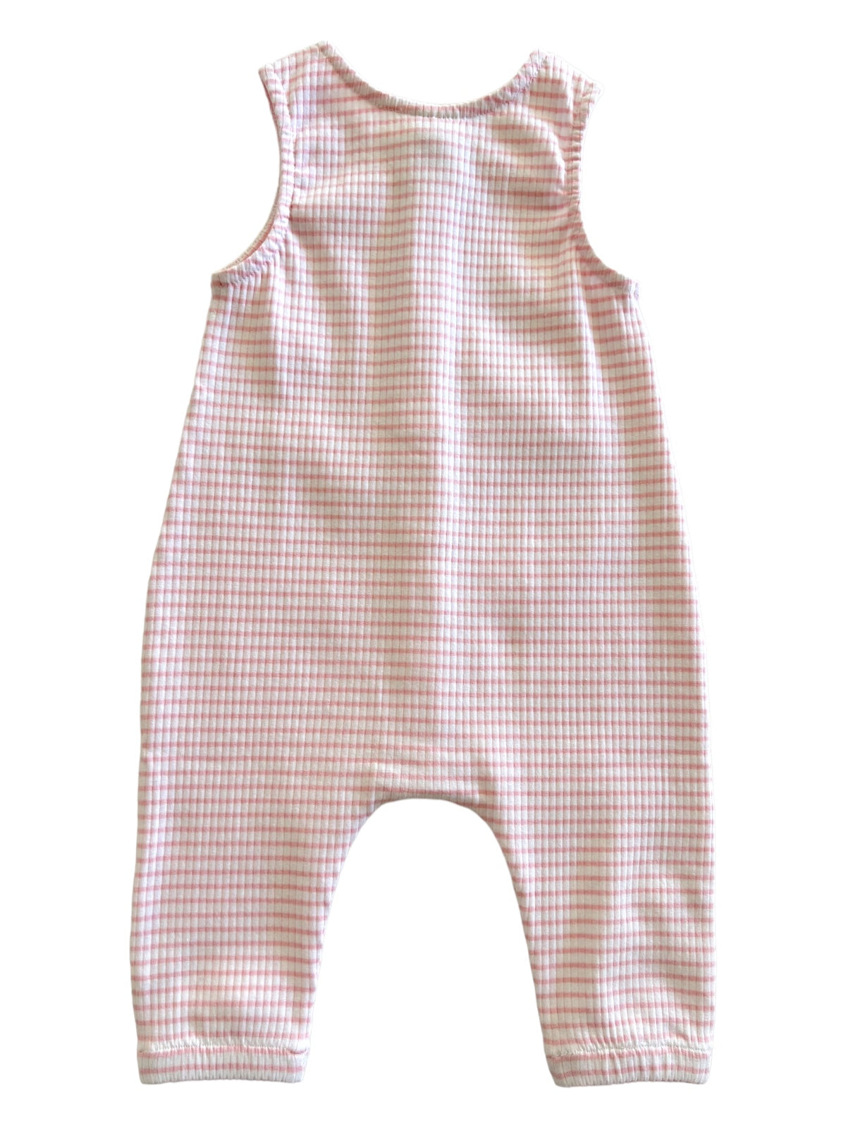 Pink checkered toddler romper, back view, featuring sleeveless design and elastic cuffs.