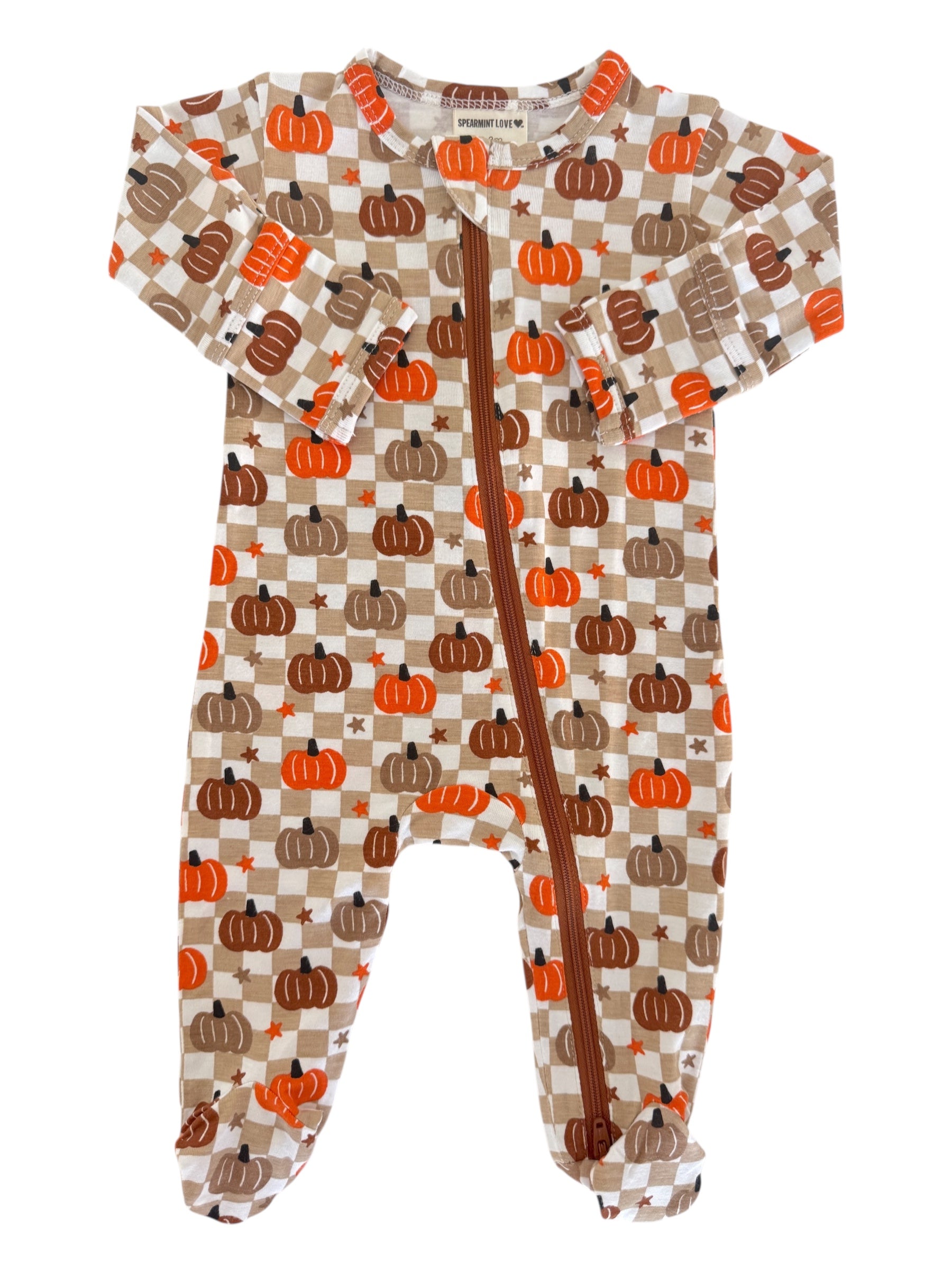 Brown and orange pumpkin-patterned baby onesie with a front zipper and long sleeves.