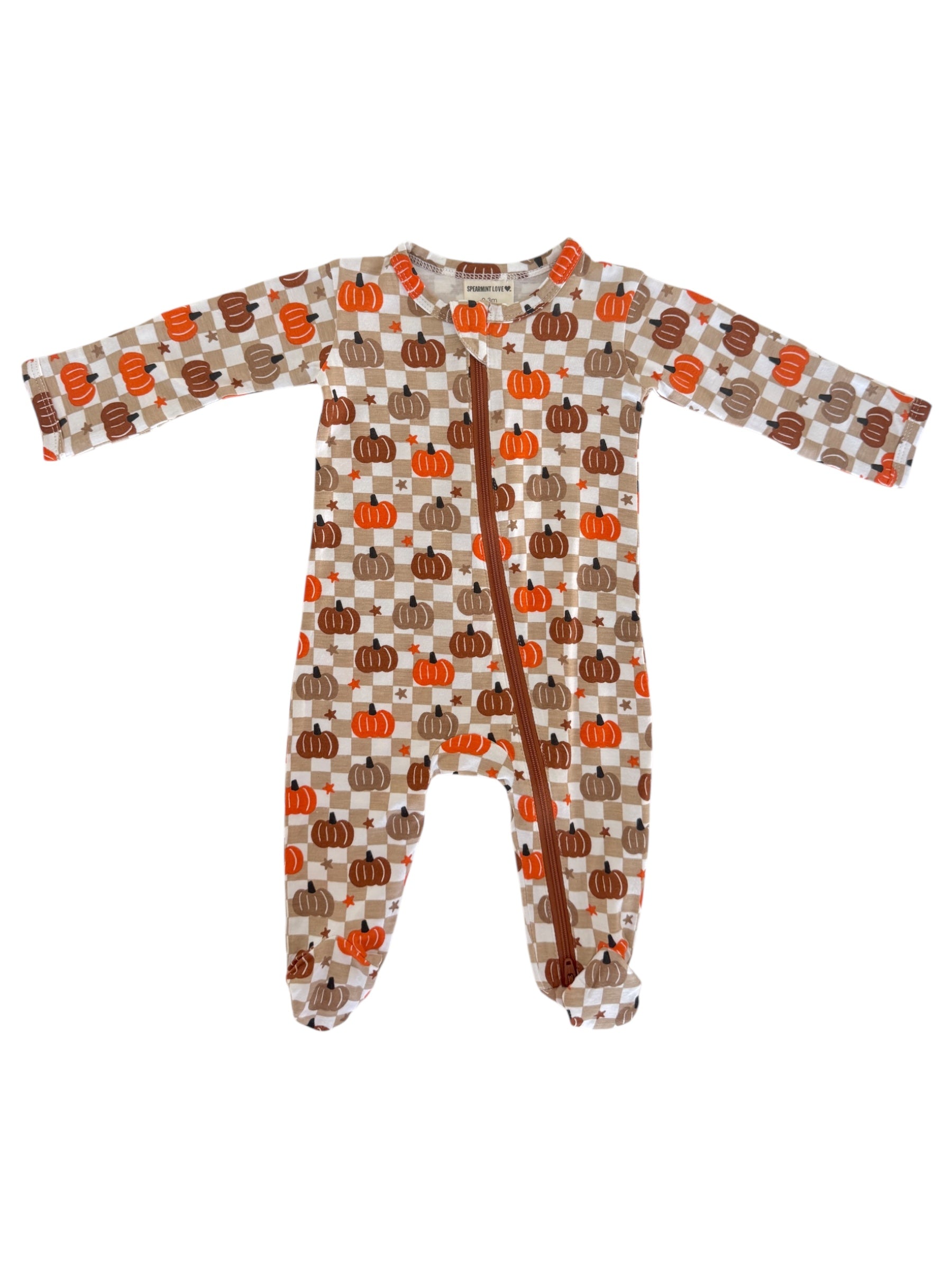 Brown and orange pumpkin-themed baby onesie with long sleeves and zipper closure.