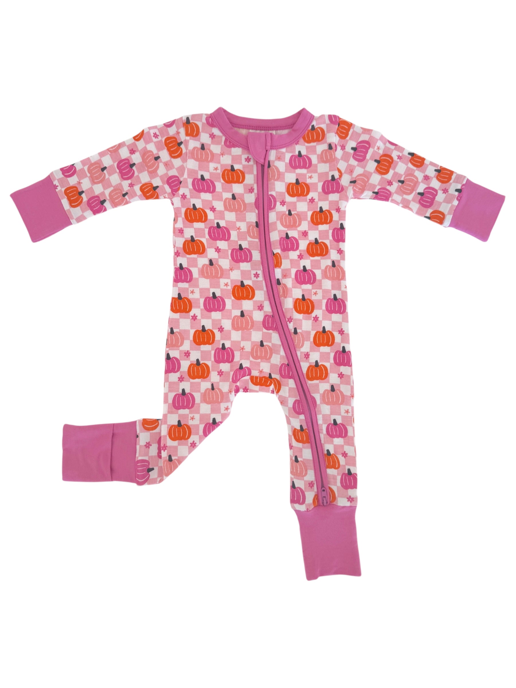 Pink infant onesie with pumpkin patterns and long sleeves, featuring a front zipper for easy dressing.