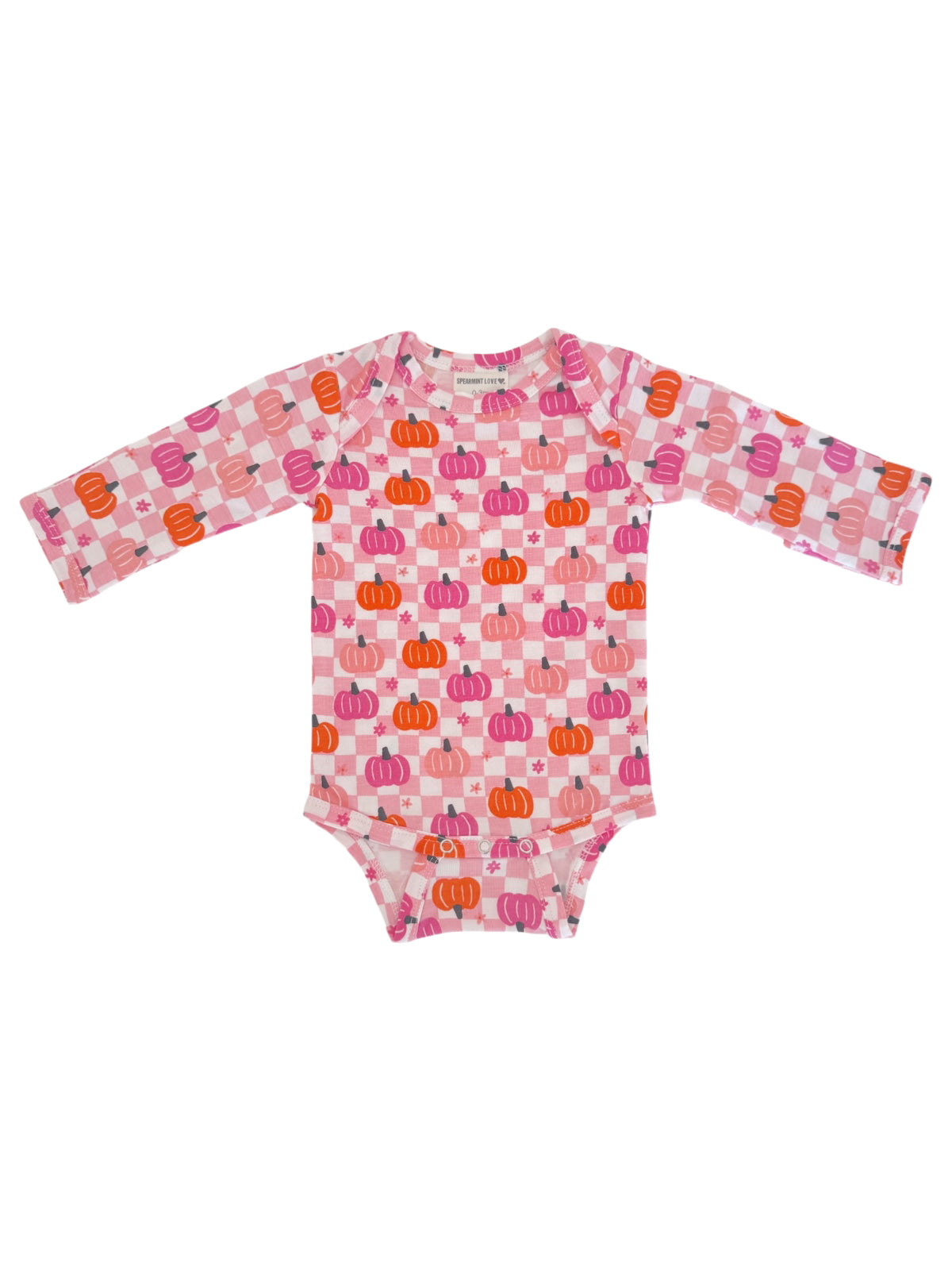Long-sleeve onesie with colorful pumpkin pattern on a pink checkered background. Perfect for fall outfits.