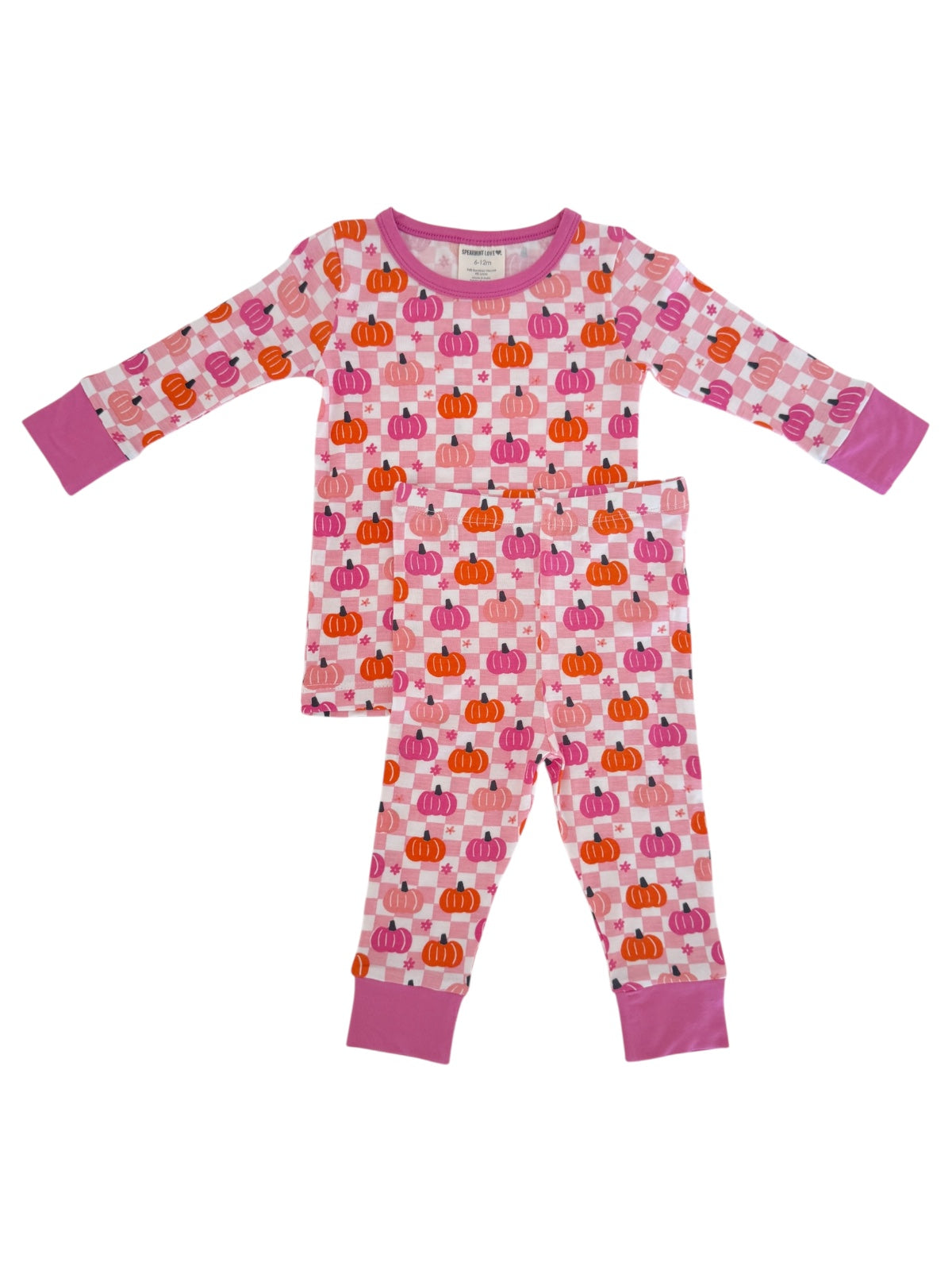 Pink pajama set with colorful pumpkin patterns, featuring a long-sleeve top and matching pants.