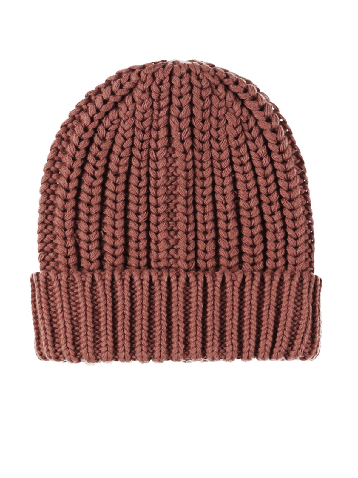 Brown knitted beanie hat with a ribbed cuff, viewed from above.