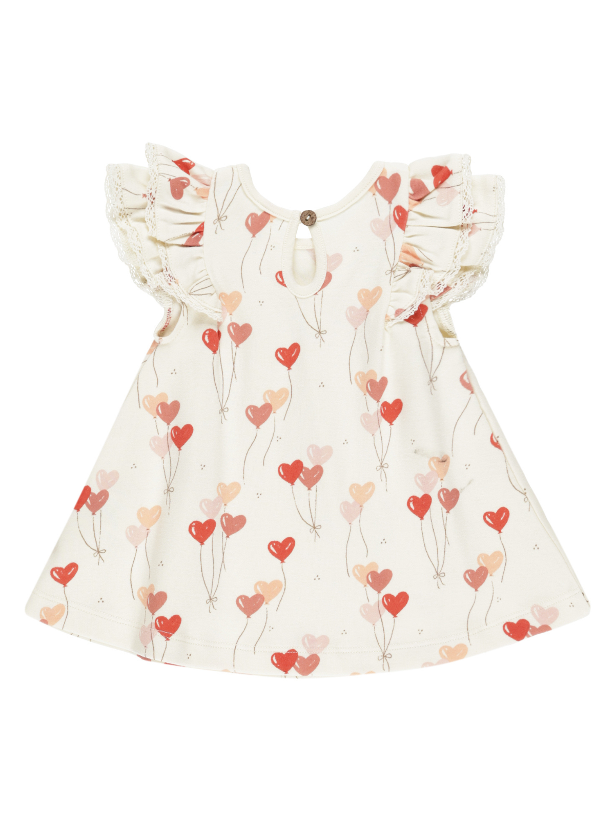 Girls' dress with ruffled sleeves and heart balloon print in soft pastel colors on a light background.