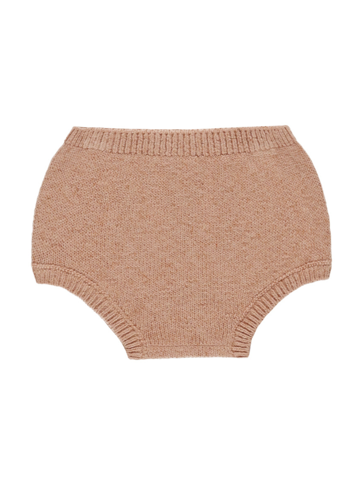 Knit baby bloomers in soft beige with a ribbed waistband and leg openings.