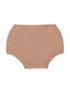 Knit baby bloomers in soft beige with a ribbed waistband and leg openings.