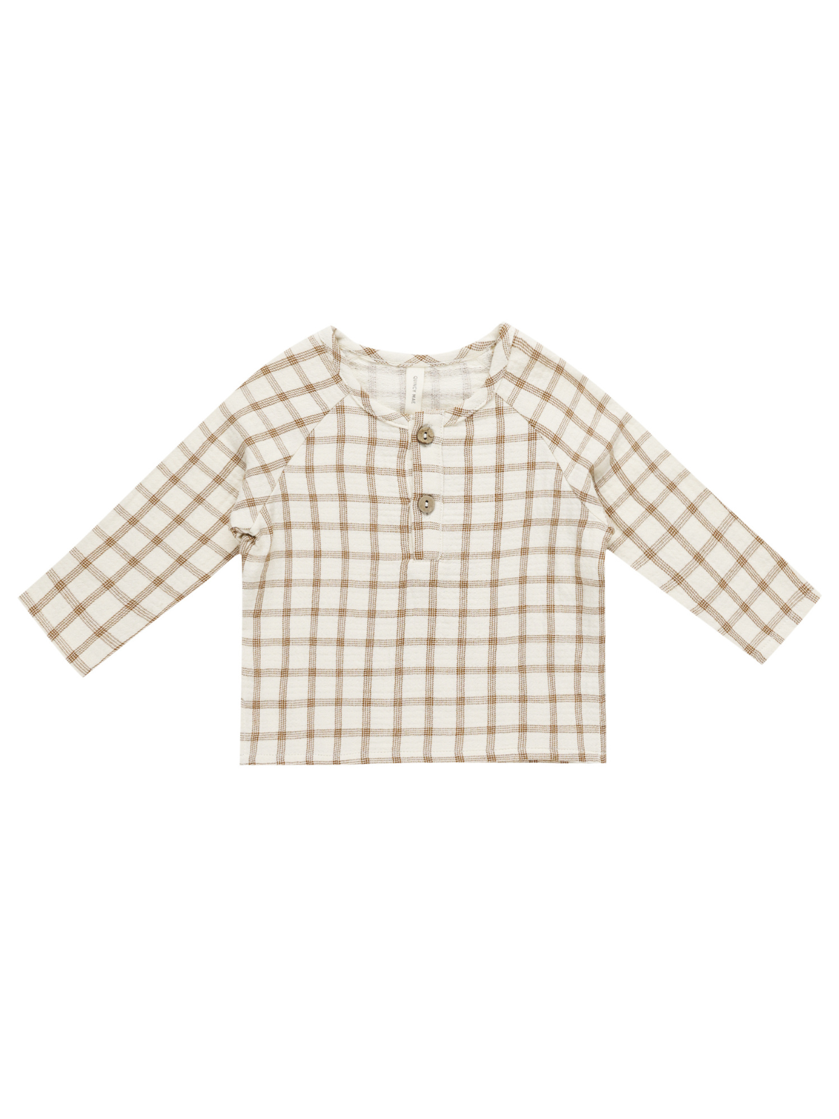 Tan and cream plaid long-sleeve shirt with a buttoned neckline and raglan sleeves.