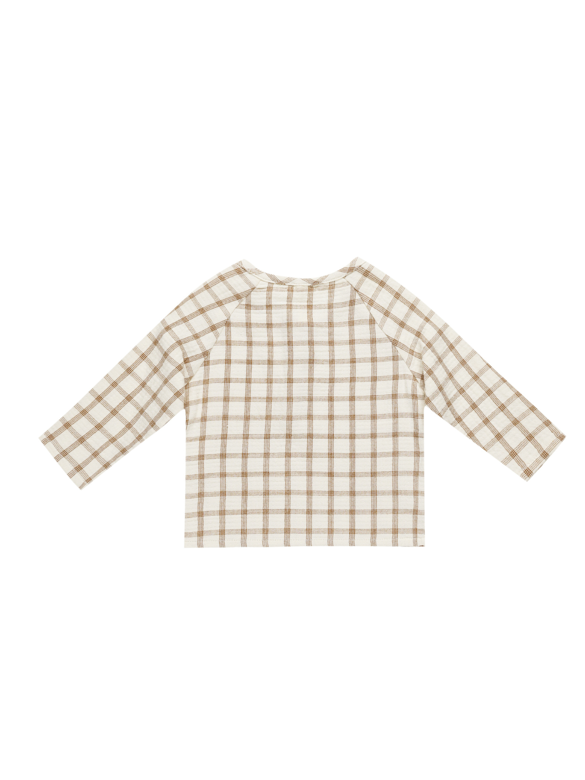 Back view of a brown and cream checkered long-sleeve shirt on a white background.