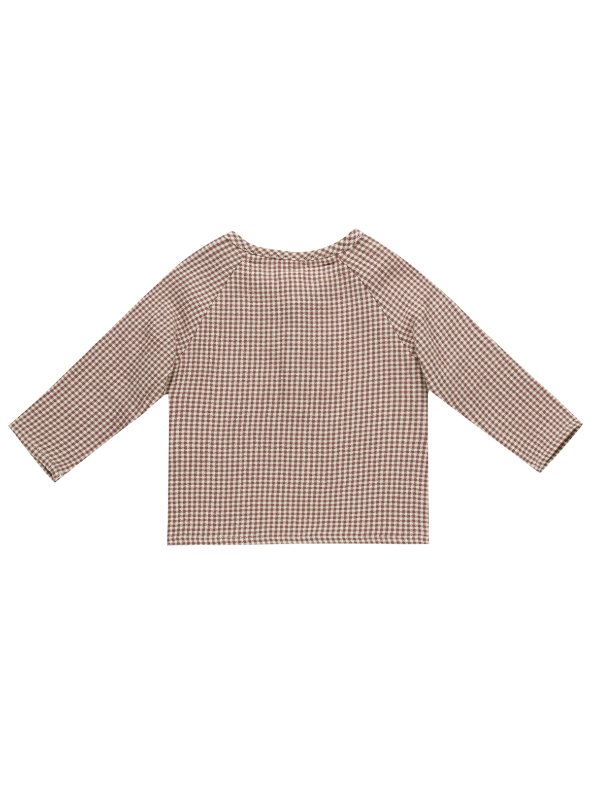 Back view of a brown and white checkered long-sleeve shirt with raglan sleeves.