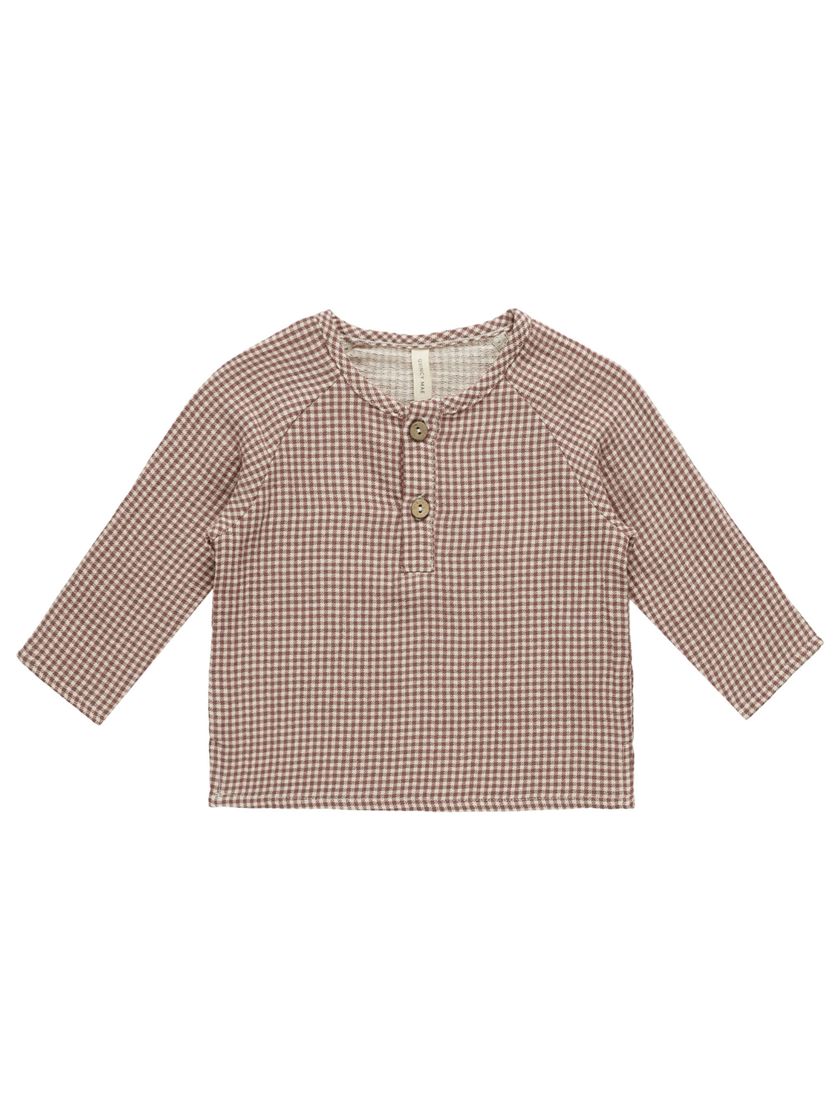 Brown and cream checkered long-sleeve toddler shirt with button details.