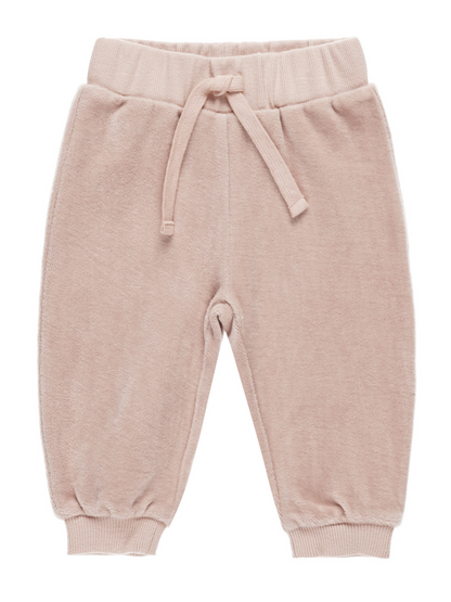 Light pink baby sweatpants with an elastic waistband and drawstring detail. Soft, comfortable fabric for infants.