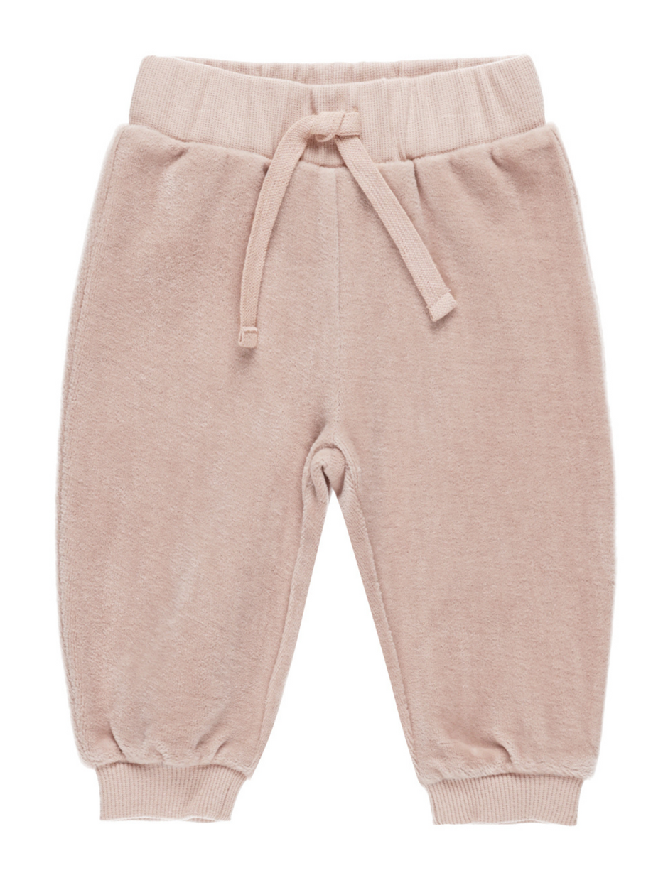 Light pink baby sweatpants with an elastic waistband and drawstring detail. Soft, comfortable fabric for infants.