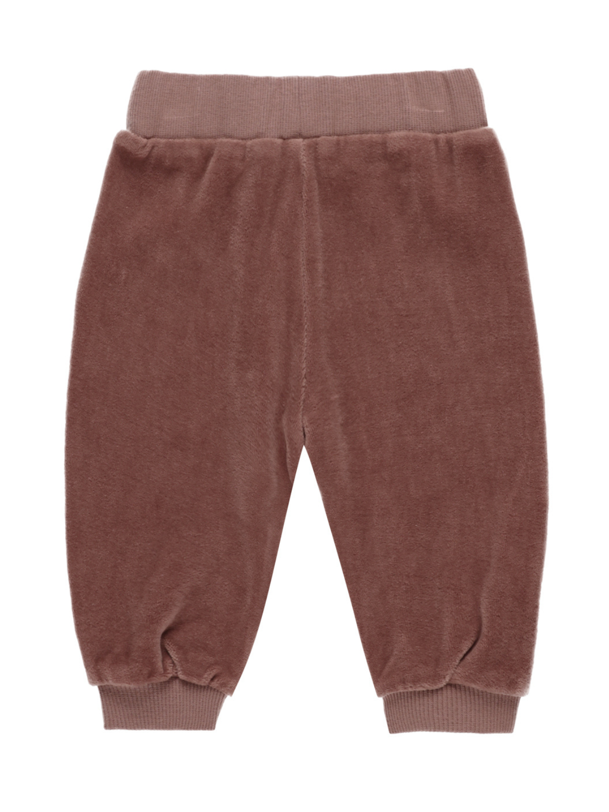 Brown velour children's sweatpants with an elastic waistband and cuffs, shown from the back.