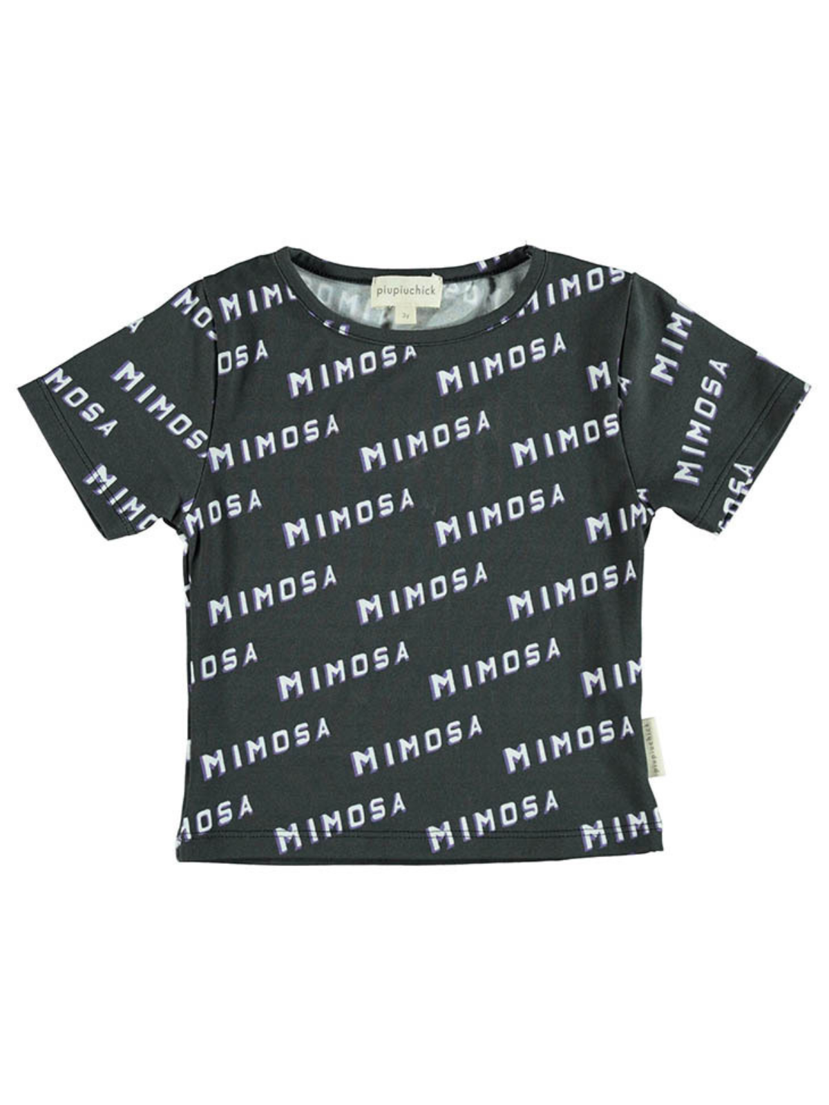 Black shirt featuring the word "MIMOSA" printed in repeating white letters. Short sleeves and crew neckline.