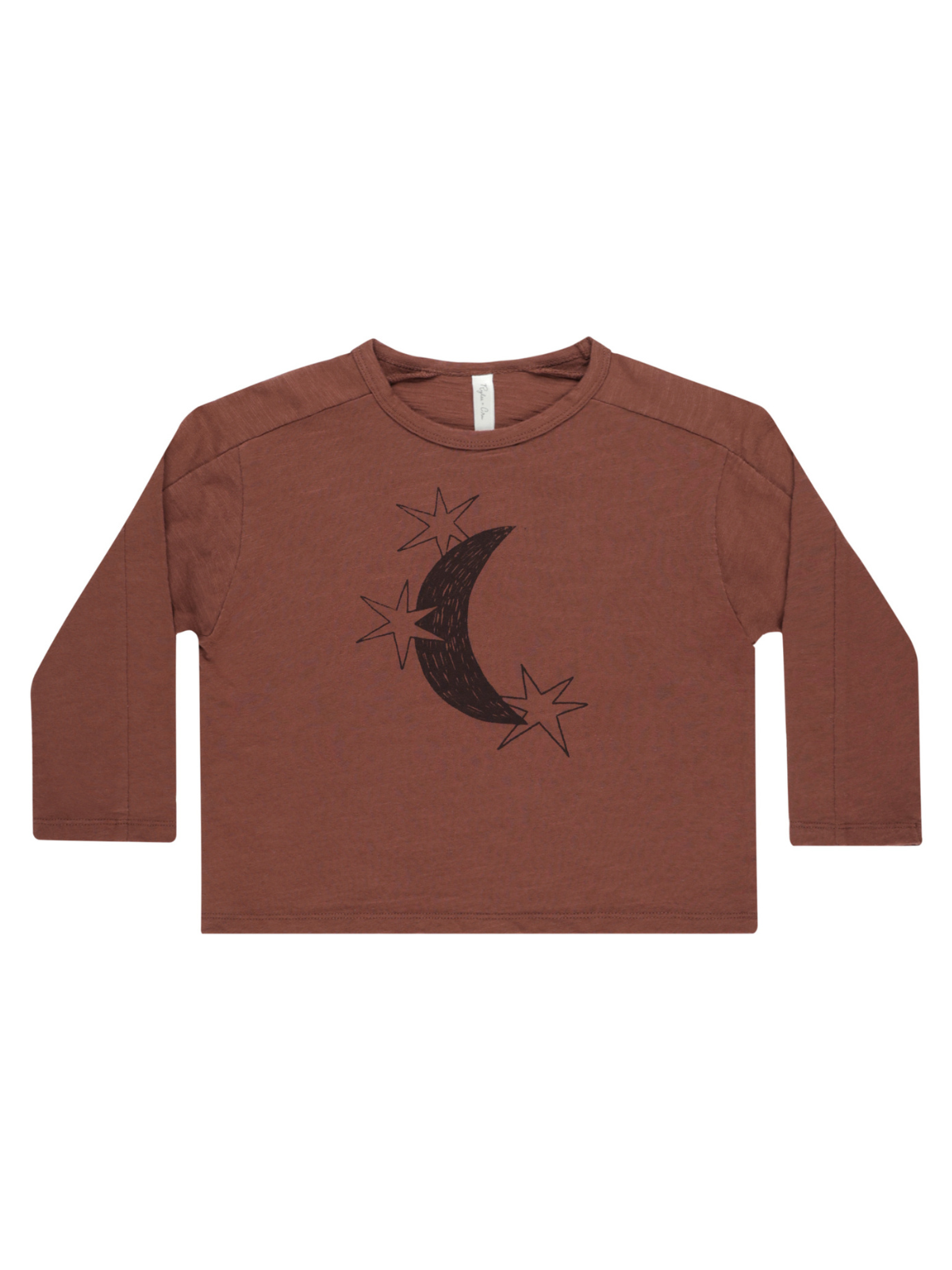 Brown long-sleeve shirt featuring a black crescent moon and star graphic design.