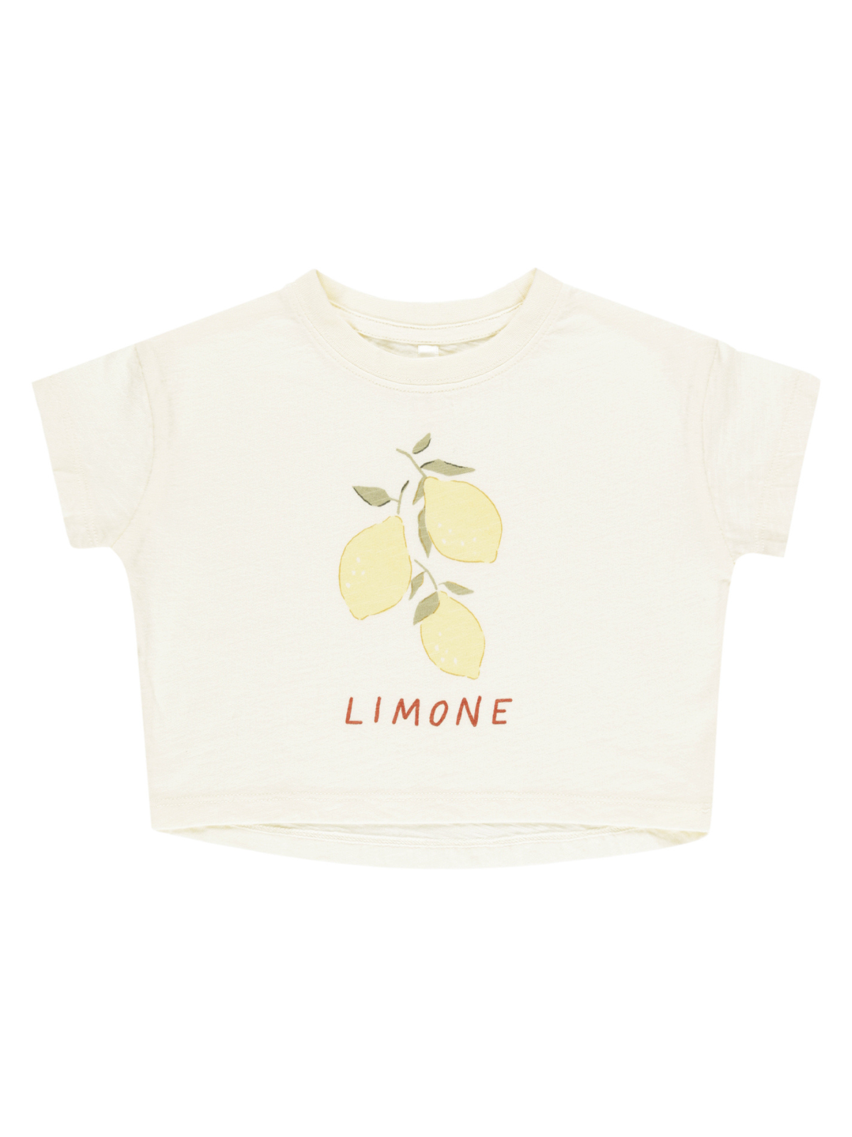 Cream t-shirt featuring three yellow lemons and the word "Limone" in orange underneath.