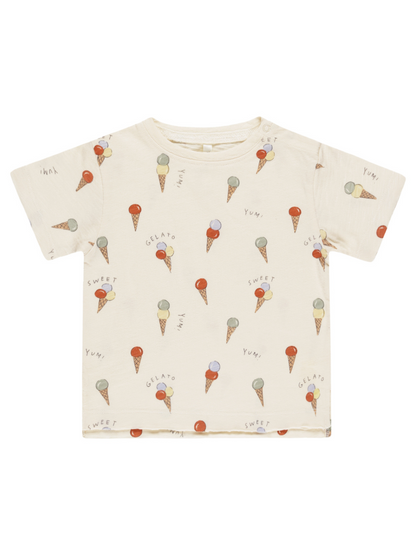 Cream t-shirt with colorful ice cream cone print and playful text, perfect for a casual, fun outfit.