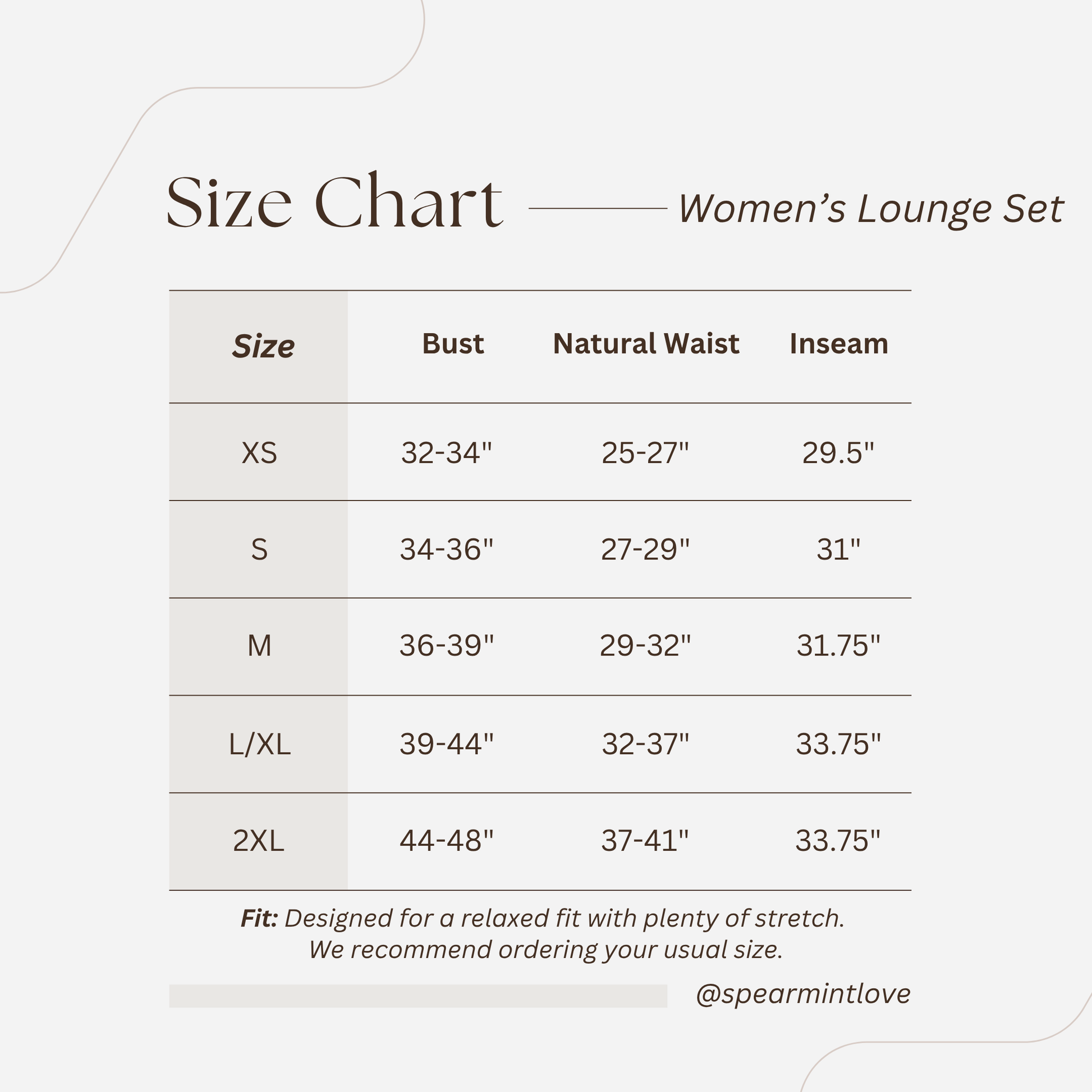 women’s lounge set size chart showing bust, waist, and inseam measurements for XS to 2XL, with fit guidance.