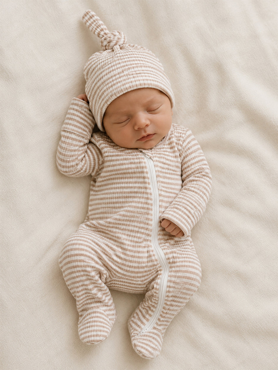 Tan Stripe / Ribbed 2-Way Zip Footie
