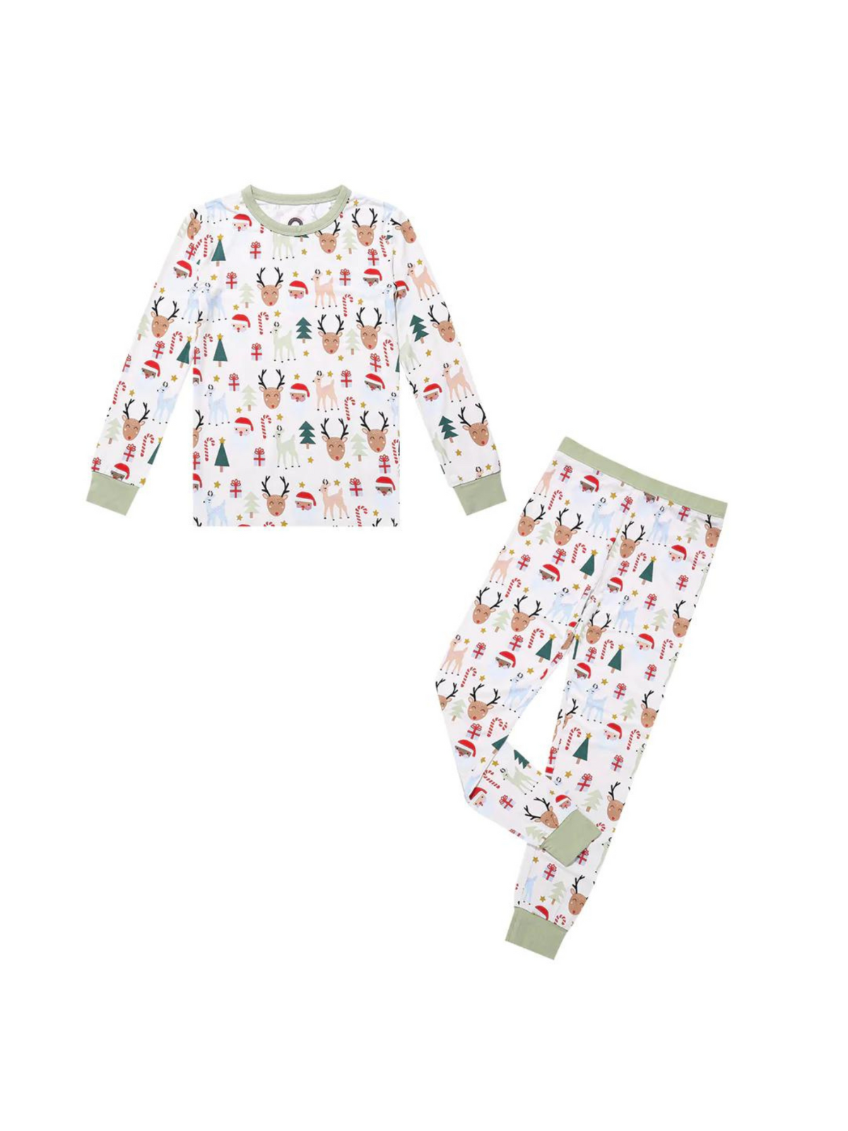 Kids' holiday pajamas featuring colorful prints of reindeer, Christmas trees, and candies, with green cuffs.