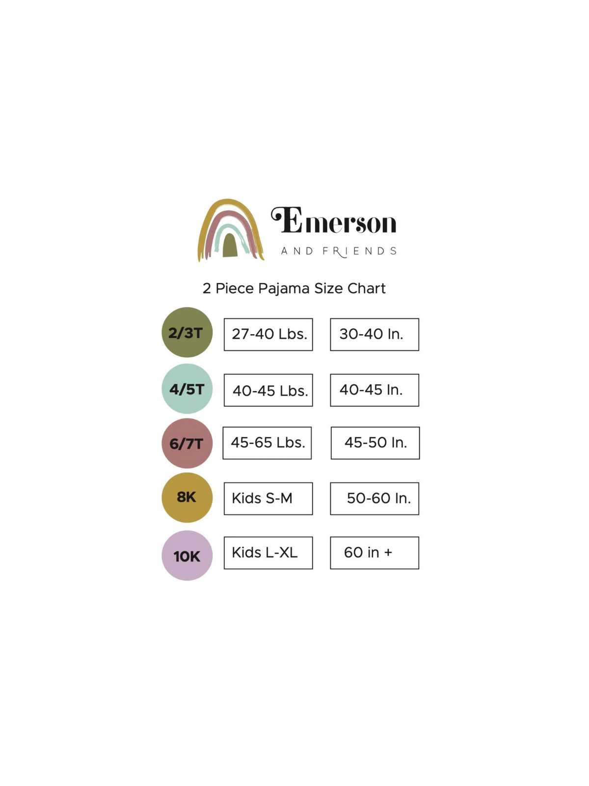 Size chart for Emerson and Friends 2-piece pajamas, detailing weights and heights for various kids' sizes.