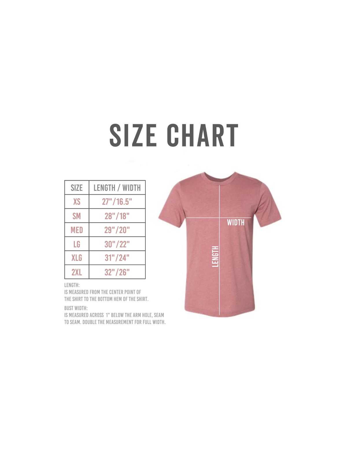 Size chart for t-shirts includes dimensions for XS to 2XL with instructions on measuring length and width.