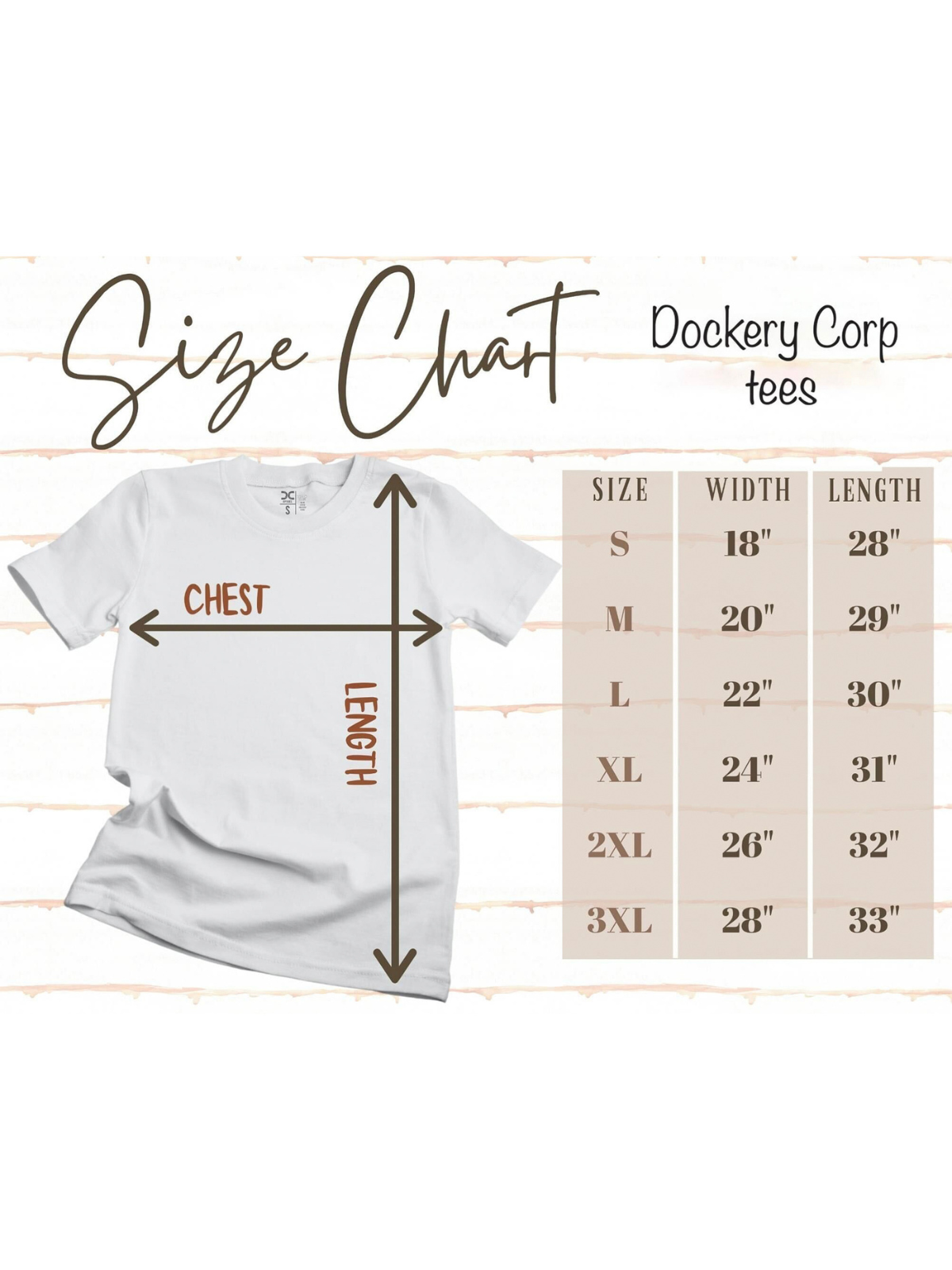 Size chart for Dockery Corp tees, showing measurements for various sizes: S, M, L, XL, 2XL, 3XL.
