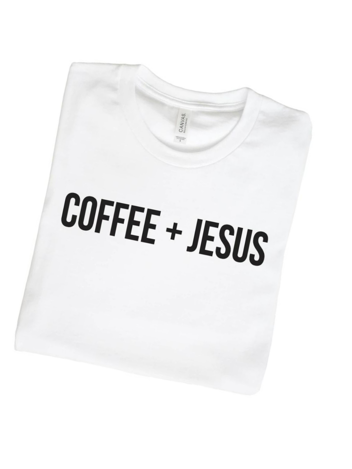 White t-shirt with the text "COFFEE + JESUS" printed in bold black letters.
