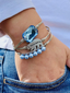 Baby Blue Crystal Pearl Bangle Bracelet, Silver