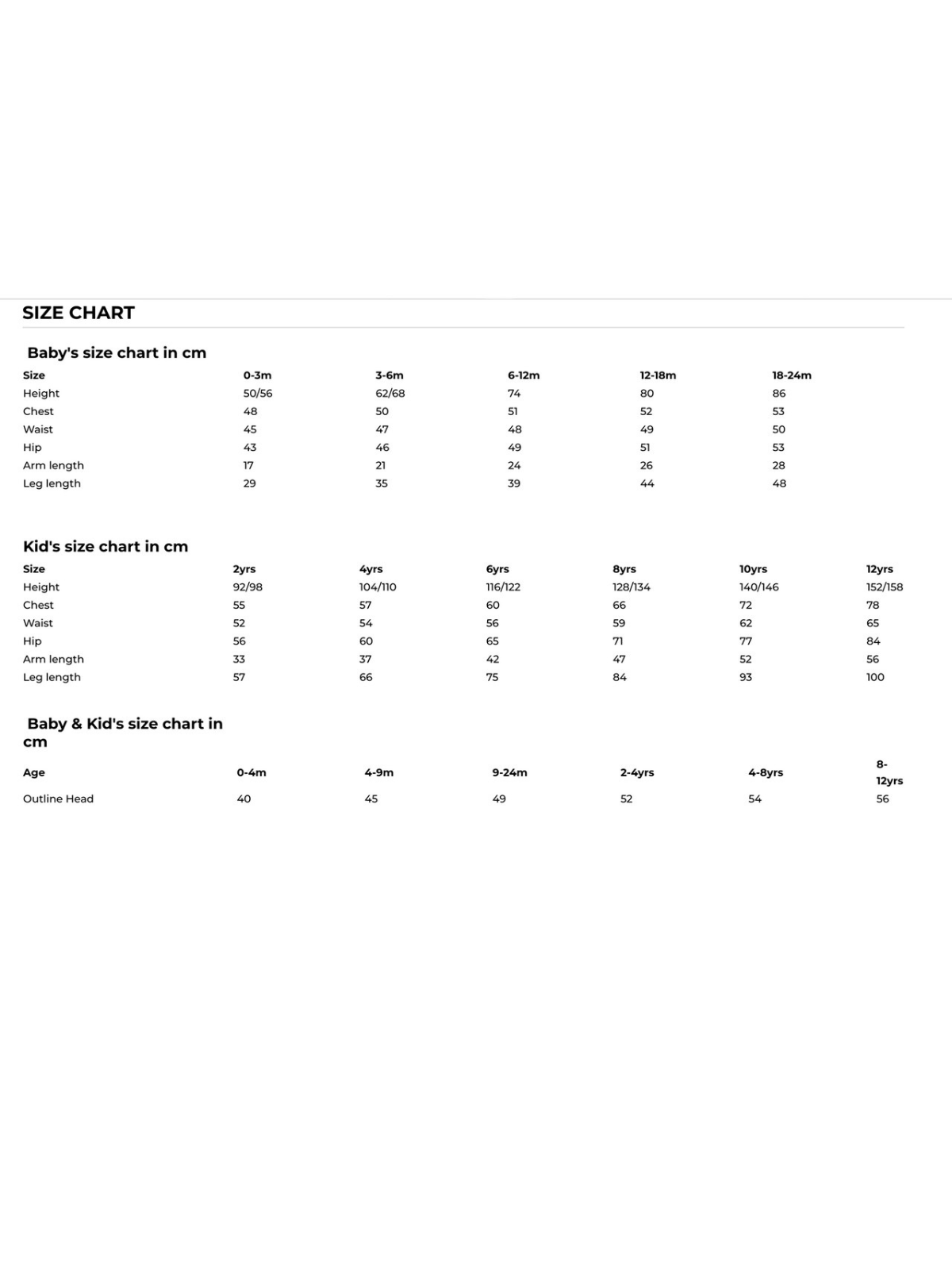 Baby and kid size chart in centimeters for height, chest, waist, hip, arm, and leg lengths.
