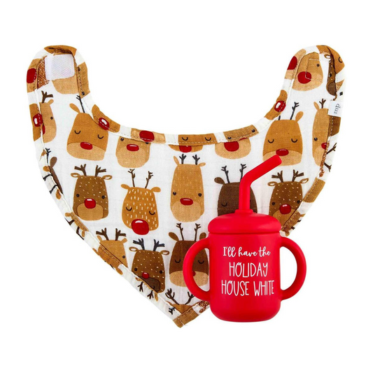 Christmas Bib & Silicone Cup Set, Red