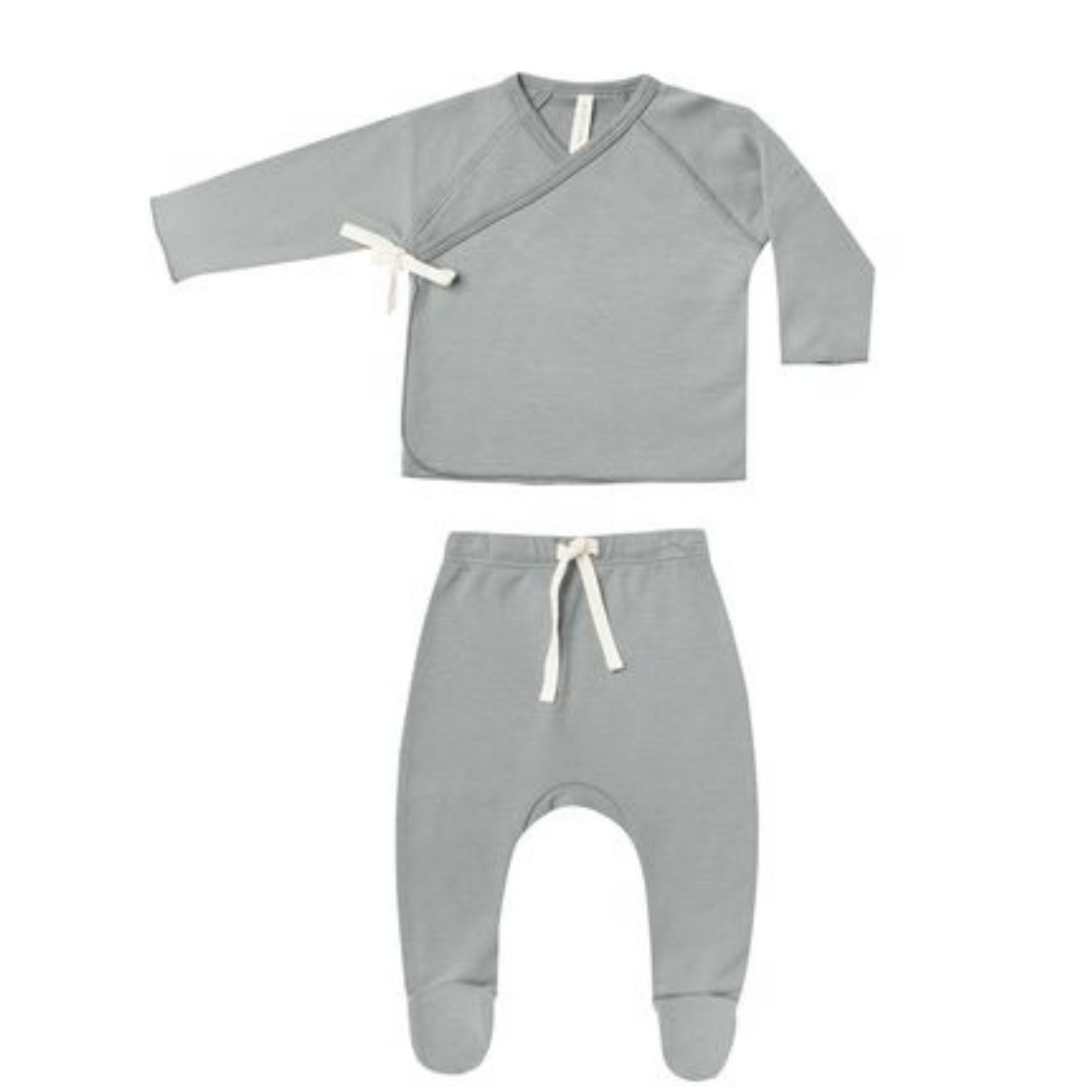 Organic Wrap Top & Footed Pant Set, Dusty Blue