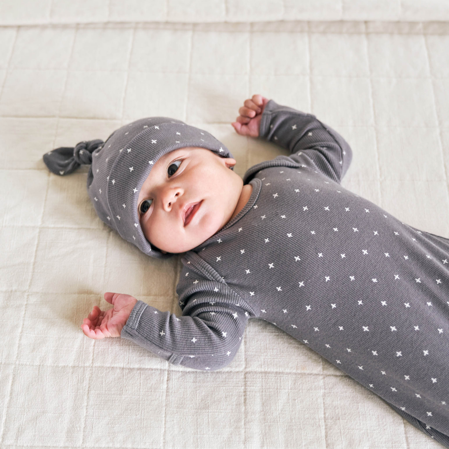 Knotted Baby Gown + Hat Set, Criss Cross Navy