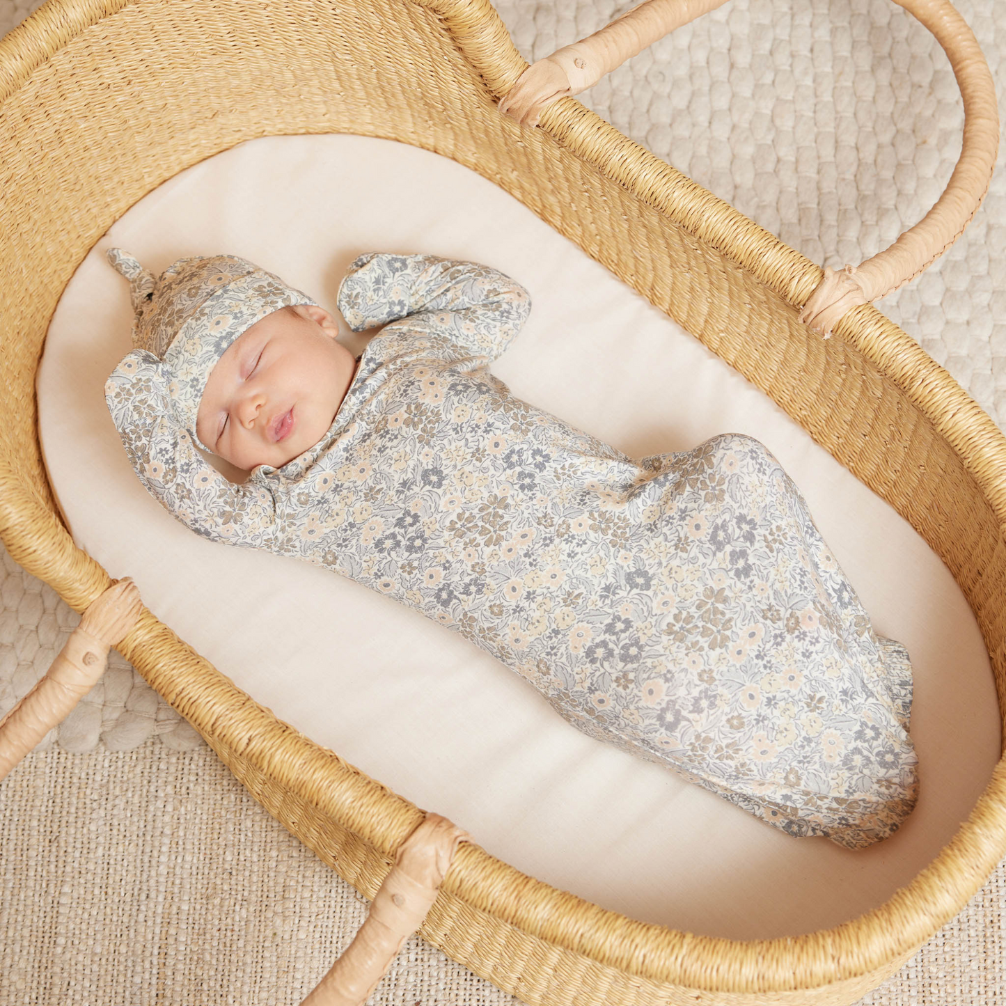 Knotted Baby Gown + Hat Set, Winter Garden