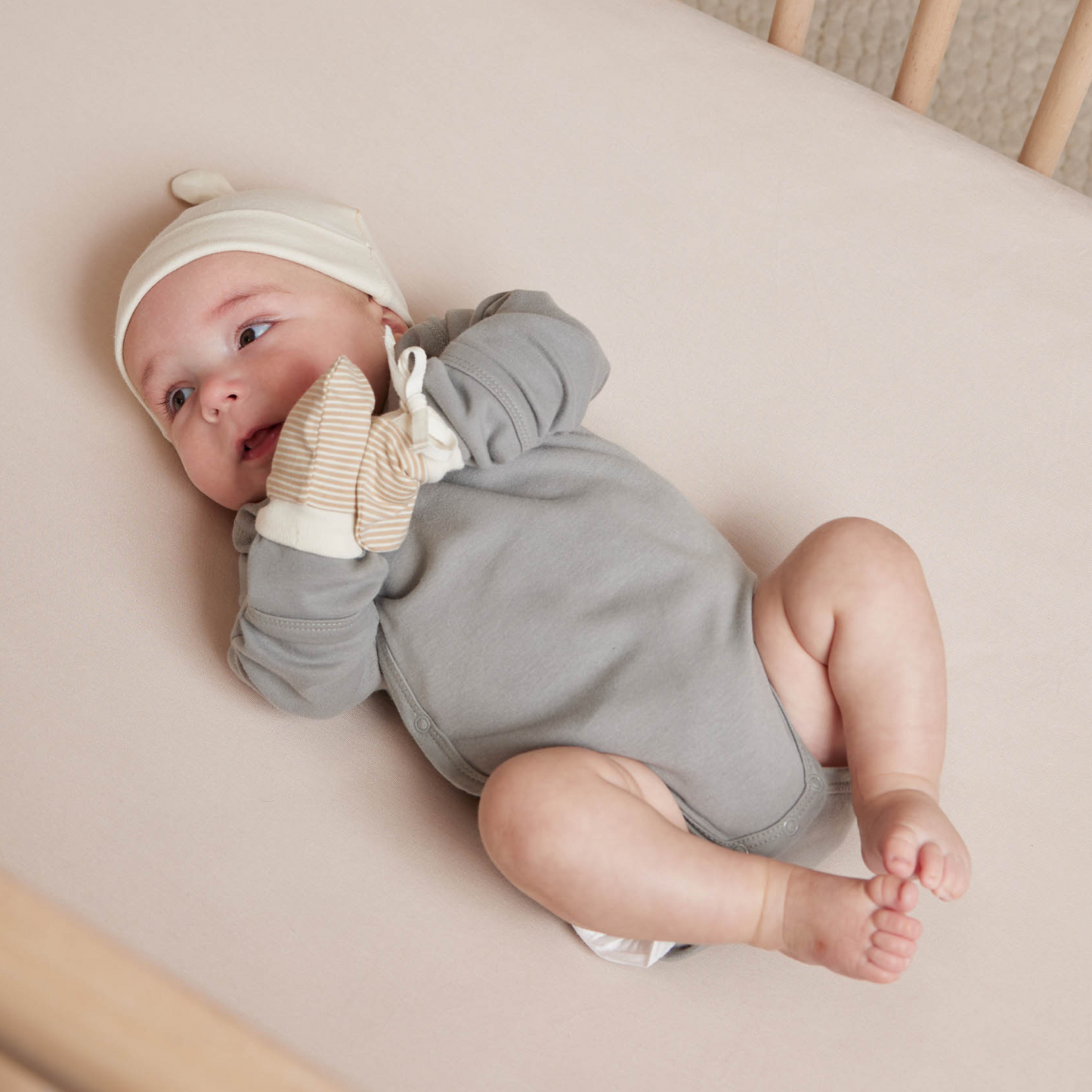 Organic No Scratch Mittens Set, Doves/Latte Micro Stripe
