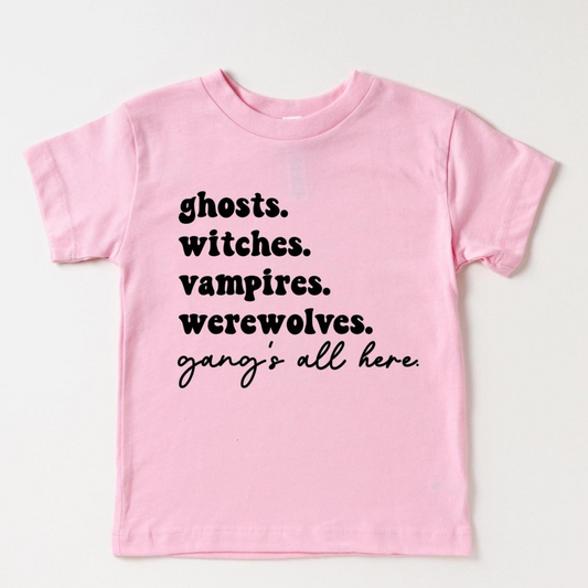 Kid's Halloween Graphic Short Sleeve Tee, Ghosts Witches Vampires Pink