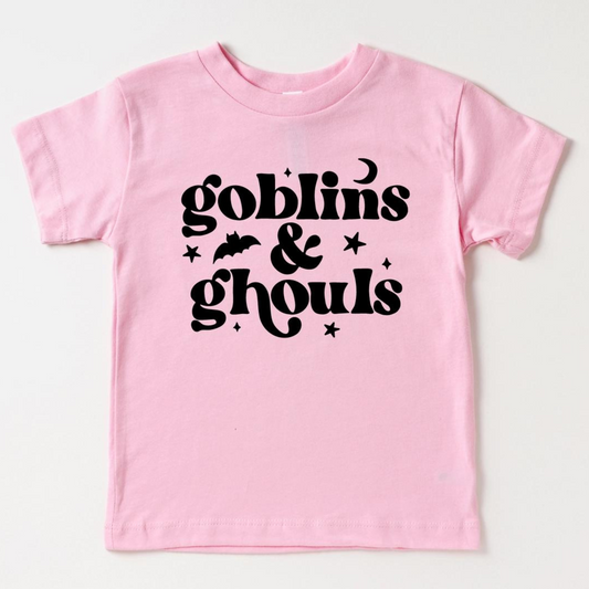 Kid's Halloween Graphic Short Sleeve Tee, Goblins & Ghouls Pink/Black