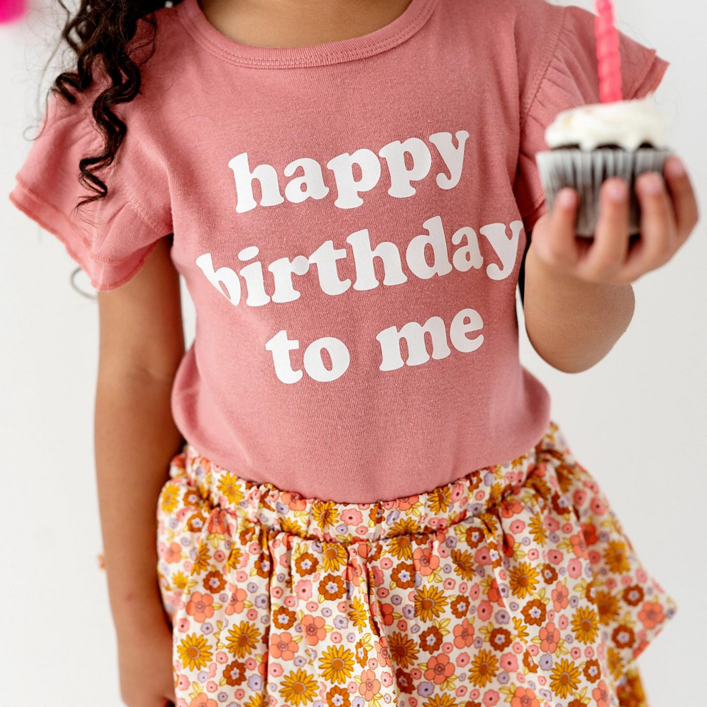 Girl's Graphic Ruffled Top, Happy Birthday To Me / Mauve