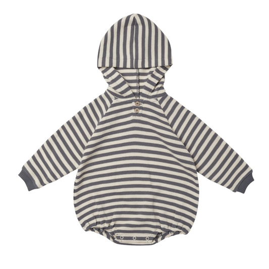 Organic Waffle Hooded Bubble Romper, Navy Stripe